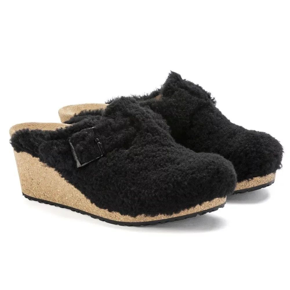 PAPILLIO by BIRKENSTOCK black teddy platform clogs mules slip on shoes eur40 new